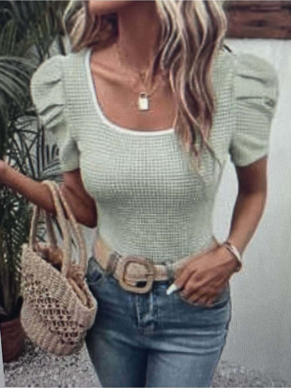 SHEIN Mint Puff-Sleeve Ribbed Crop Top